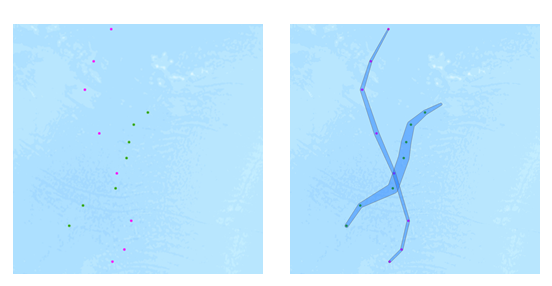 Input points with a buffer applied reconstructed into tracks